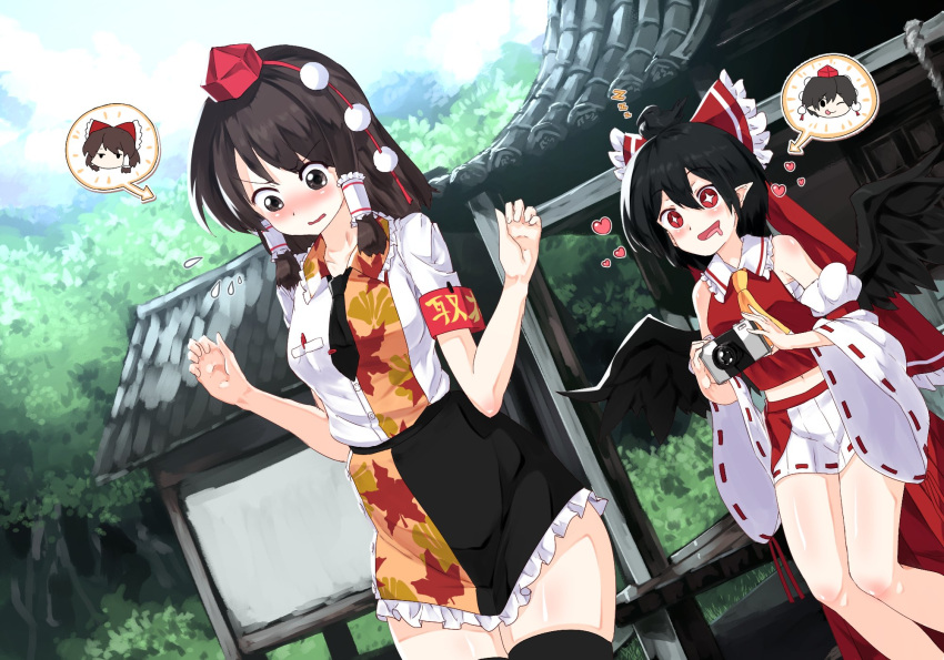 2girls ;q architecture ascot bird_wings black_hair black_legwear black_neckwear bow breasts brown_hair camera commentary_request cosplay detached_sleeves east_asian_architecture feathered_wings feet_out_of_frame frilled_shirt_collar frilled_skirt frills hair_tubes hairbow hakurei_reimu hakurei_reimu_(cosplay) hakurei_shrine hat highres holding holding_camera leaf-pattern_stripe medium_breasts miniskirt multiple_girls necktie nontraditional_miko one_eye_closed pom_pom_(clothes) red_bow ribbon-trimmed_sleeves ribbon_trim shameimaru_aya shameimaru_aya_(cosplay) short_hair skirt sparkling_eyes standing sunyup thighhighs thighs tokin_hat tongue tongue_out touhou wide_sleeves wings yellow_ascot