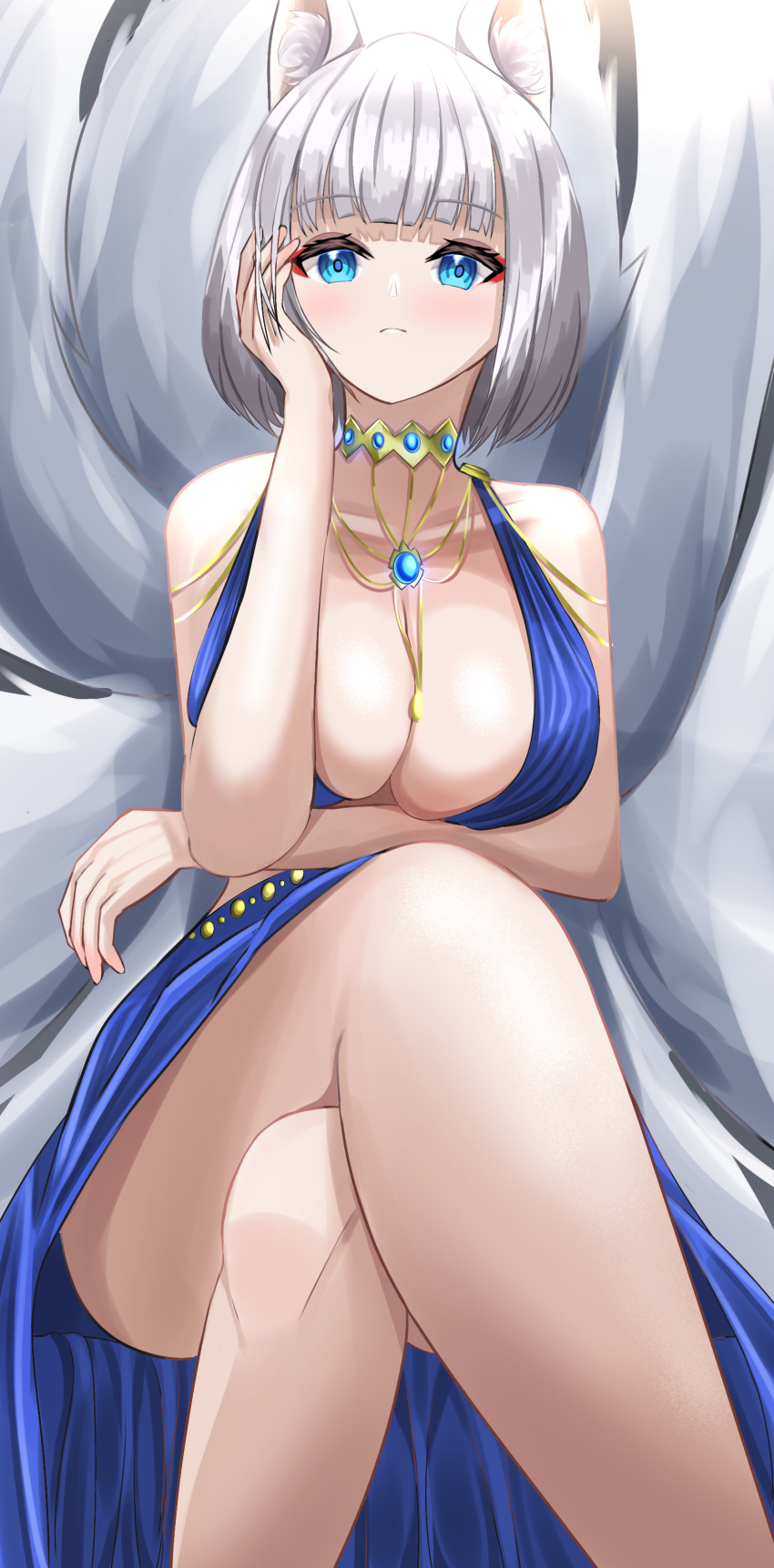 absurdres animal_ear_fluff animal_ears arm_under_breasts azuma_(sospower73) azur_lane blue_dress blue_eyes breasts center_opening dress evening_gown eyeliner female fox_girl halter_dress halterneck highres kaga_(azur_lane) kaga_(exalted_white_wings)_(azur_lane) kitsune kyuubi large_breasts large_tail long_dress looking_at_viewer makeup multiple_tails official_alternate_costume revealing_clothes short_hair simple_background sitting sleeveless sleeveless_dress solo tail white_hair white_tail