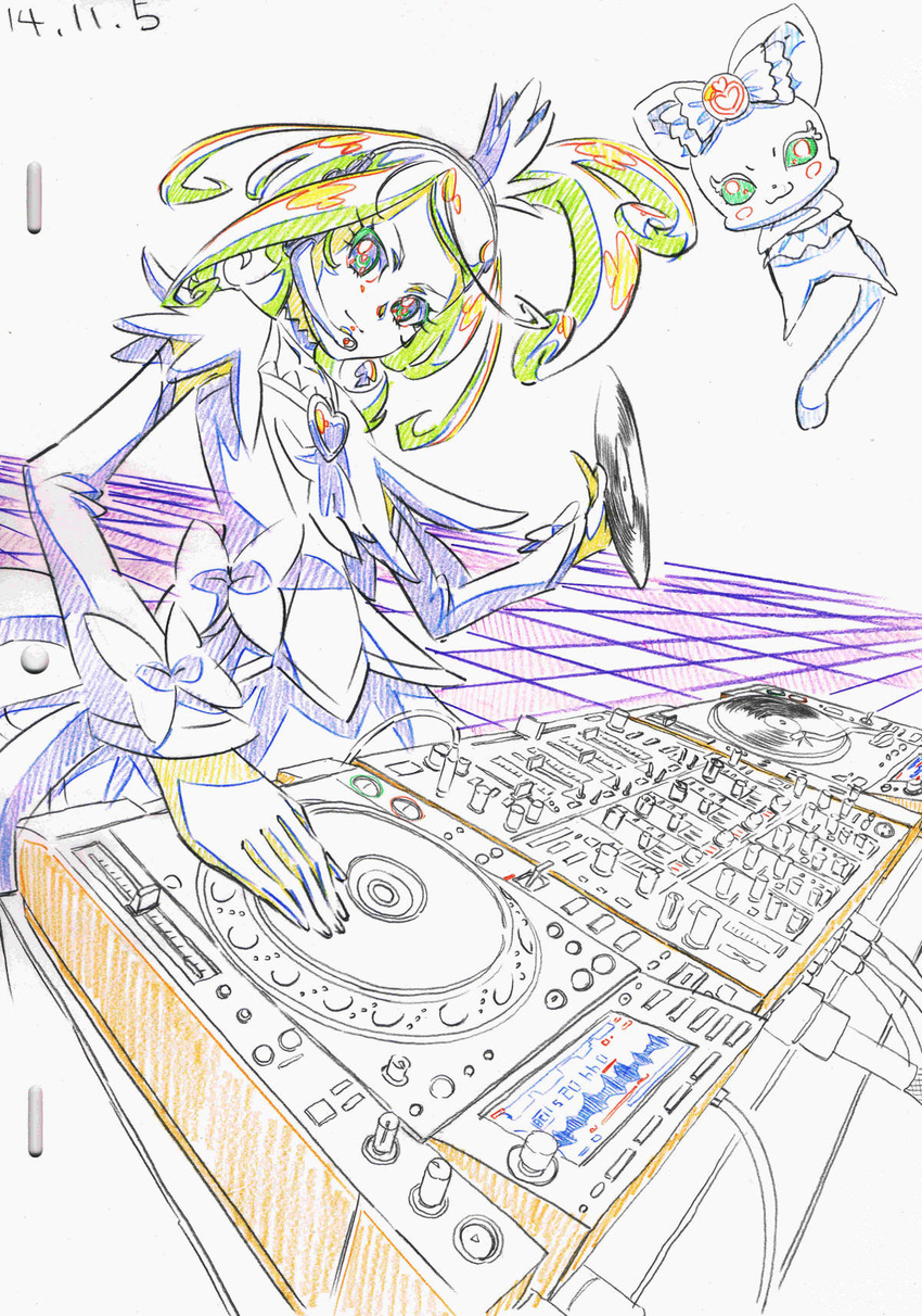 animation_paper audio_visualizer brooch cable checkered_floor color_trace commentary crossed_arms cure_sword dated davi_(dokidoki!_precure) detached_sleeves dj dokidoki!_precure dress dutch_angle earrings female foreshortening hair_ornament head_tilt headphones heart heart_brooch high_ponytail highres itaoka1 jewelry kenzaki_makoto key_frame looking_at_viewer magical_girl microphone mixing_console precure production_art record smile smug spade_(shape) spade_earrings spade_hair_ornament trim_marks turntable upper_body