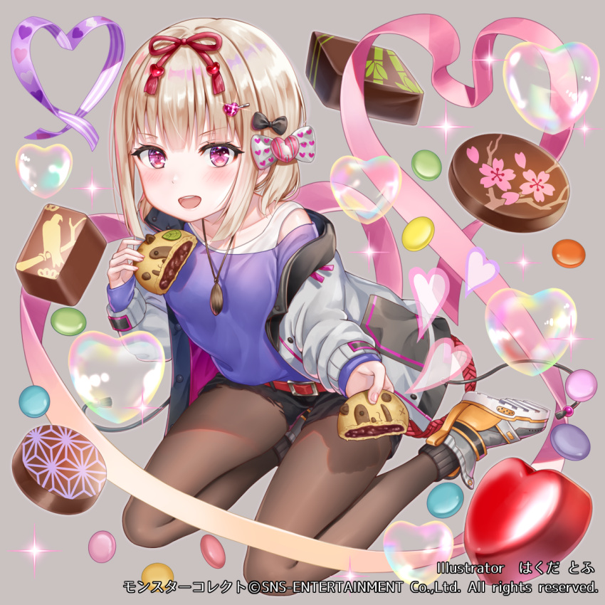 baozi belt black_bow black_pantyhose blonde_hair blush bob_cut bow bubble chocolate chocolate_bread female food giving hair_ornament hair_ribbon hairbow hairclip hakuda_tofu heart heart_bubbles heart_of_string highres holding holding_food jacket jewelry long_sleeves looking_at_viewer monster_collect necklace off_shoulder official_art open_mouth pantyhose pink_eyes pink_ribbon purple_shirt red_belt red_ribbon ribbon shirt shoes short_shorts shorts sitting smile sneakers solo tokugawa_ieyasu_(monster_collect) valentine watermark white_bow white_jacket yokozuwari