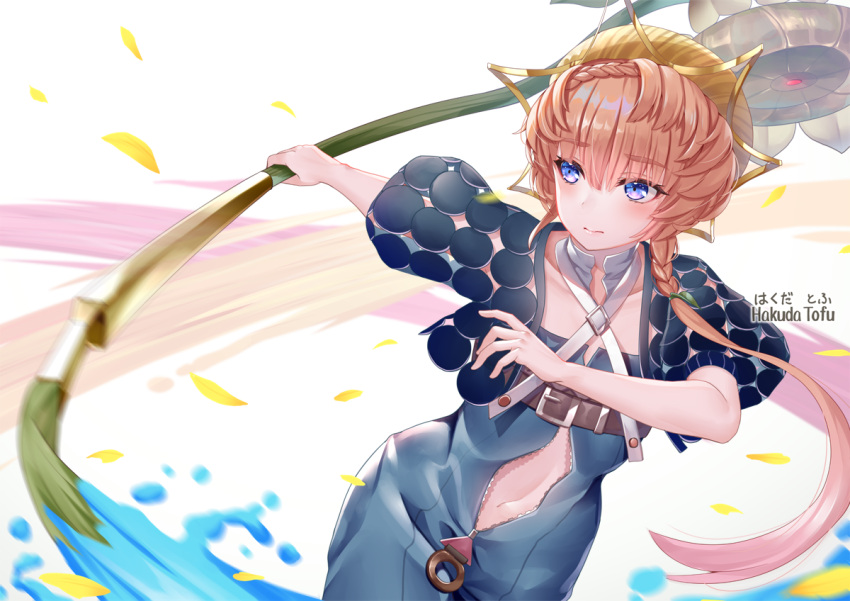 belt belt_buckle blue_eyes braid brown_belt brown_hair buckle closed_mouth clothing_cutout confetti cropped_jacket fate/grand_order fate_(series) female flower giant_brush hakuda_tofu hat holding holding_paintbrush jacket jumpsuit long_hair looking_at_viewer navel neck_ribbon open_jumpsuit paint paintbrush petals ribbon see-through see-through_jacket see-through_sleeves side_braid solo stomach_cutout sunflower van_gogh_(fate) white_ribbon zipper zipper_pull_tab