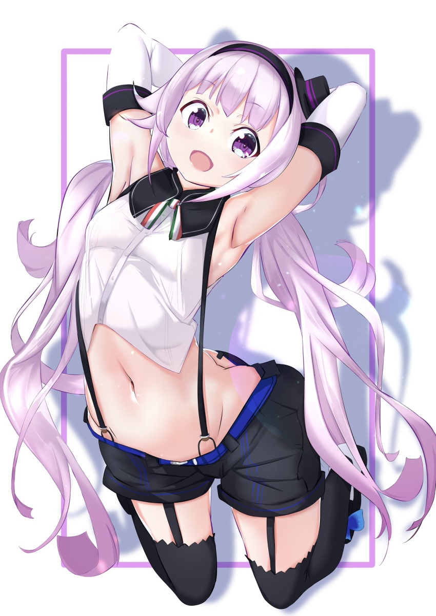 .live :d armpits arms_up breasts carro_pino commentary detached_sleeves female full_body hair_ornament headband highres kneeling long_hair looking_at_viewer low_twintails midriff navel open_mouth purple_eyes purple_hair sakikawari small_breasts smile solo thighhighs twintails virtual_youtuber