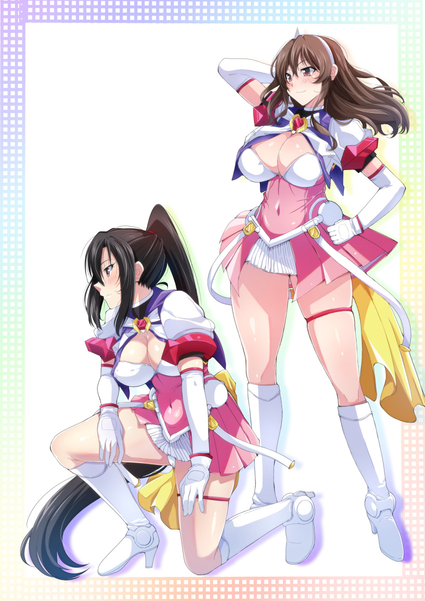 2girls absurdly_long_hair alternate_hairstyle ashigara_(kancolle) beat_angel_escalayer black_hair boots breasts brown_eyes brown_hair cleavage cosplay covered_navel dress elbow_gloves escalayer escalayer_(cosplay) gloves hairband high_ponytail highres kantai_collection knee_boots large_breasts long_hair magical_girl multiple_girls nachi_(kancolle) panties rebasuto short_dress thigh_strap underwear very_long_hair wavy_hair white_footwear white_gloves white_hairband white_panties