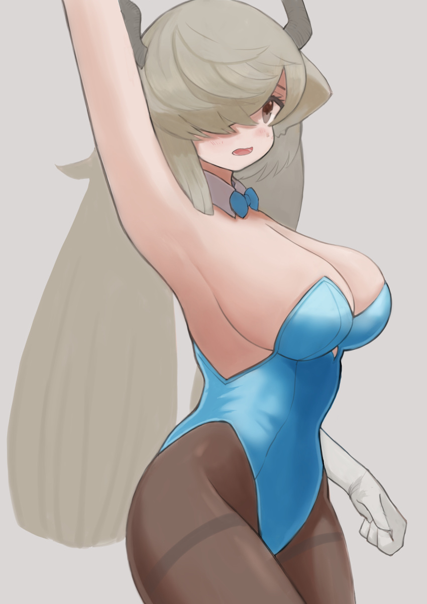 absurdres arm_at_side arm_up armpits bad_id bad_twitter_id black_horns blue_leotard blush bow bowtie breasts brown_pantyhose cleavage commentary_request cowboy_shot detached_collar female from_side grey_eyes grey_hair hair_over_one_eye highleg highleg_leotard highres horns kemono_friends large_breasts leotard long_hair looking_at_viewer open_mouth pantyhose playboy_bunny solo strapless strapless_leotard twintails very_long_hair yak_(kemono_friends) zuchi00