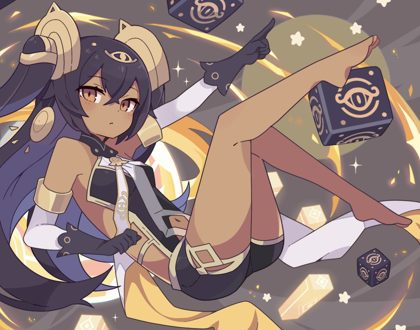 bad_id bad_pixiv_id barefoot black_gloves black_hair breasts brown_eyes closed_mouth crossed_bangs cube dark-skinned_female dark_skin detached_sleeves egyptian_clothes female gloves hair_between_eyes hair_ornament highres long_hair medium_breasts navel nephtim_(world_flipper) solo sparkle two_side_up world_flipper yoshida_makura