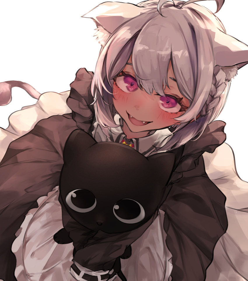 absurdres animal animal_ear_fluff animal_ears apron black_cat black_dress blush braid cat_ears cat_girl cat_tail dress fangs feline female frilled_apron frills grey_hair highres holding holding_animal holding_cat long_sleeves looking_at_viewer maid maid_apron matsukai_mao matsukai_mao_(2nd_costume) nijisanji open_mouth purple_eyes short_hair simple_background sleeves_past_fingers sleeves_past_wrists smile solo tail virtual_youtuber white_apron white_background yukirei