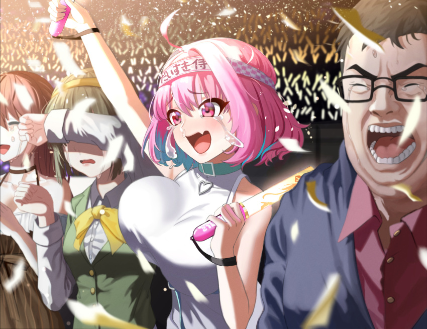 1boy 3girls arm_up bad_id bad_pixiv_id bare_shoulders black-framed_eyewear blue_hair bouncing_breasts breasts character_request closed_eyes collared_shirt commentary covering_own_eyes crossover crying crying_with_eyes_open double_chin dress dress_shirt glasses glowstick green_hair green_vest hair_between_eyes hairband hand_up headband heart highres idolmaster idolmaster_(classic) idolmaster_cinderella_girls k.pumpkin large_breasts long_sleeves meme multicolored_hair multiple_girls neck_ribbon oerba_yun_fang oota_kuniyoshi oota_kuniyoshi_face_(meme) open_mouth otonashi_kotori pink_hair red_shirt ribbon shirt short_hair skin_fang snot symbol-only_commentary tears teeth tongue two-tone_hair unaligned_breasts upper_body vest wake_up_girls! white_dress white_shirt yellow_hairband yellow_ribbon yumemi_riamu