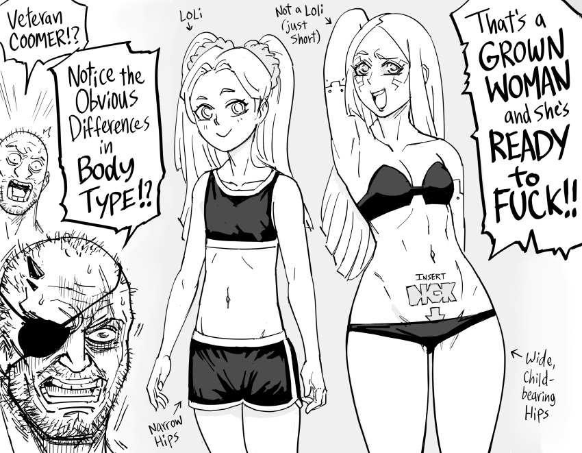 2boys absurdres bb_(baalbuddy) breasts coomer_(meme) cosplay cyberpunk_(series) cyberpunk_edgerunners english_text eyepatch female flat_chest greyscale highres lowleg lowleg_panties meme metal_gear_(series) metal_gear_solid metal_gear_solid_v:_the_phantom_pain monochrome multiple_boys original panties pubic_tattoo rebecca_(cyberpunk) simple_background skinny small_breasts speech_bubble tattoo truth twintails underwear venom_snake venom_snake_(cosplay) white_background