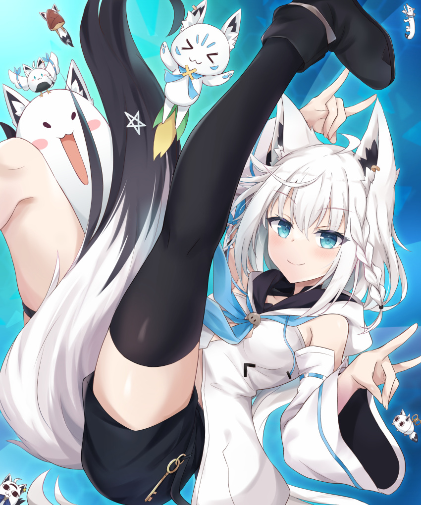 absurdres animal_ears black_shorts black_thighhighs blue_eyes braid breasts detached_sleeves female fox_ears fox_girl fox_shadow_puppet fox_tail fubuchun fubuzilla_(shirakami_fubuki) highres hololive hood hoodie legs_up looking_at_viewer medium_hair miteiru_(shirakami_fubuki) nejima_kitsune_(shirakami_fubuki) oruyanke_(shirakami_fubuki) shirakami_fubuki shirakami_fubuki_(1st_costume) shorts single_braid single_thighhigh small_breasts smile sukonbu_(shirakami_fubuki) tail tf_(tfx2) thighhighs virtual_youtuber white_hair white_hoodie white_sleeves