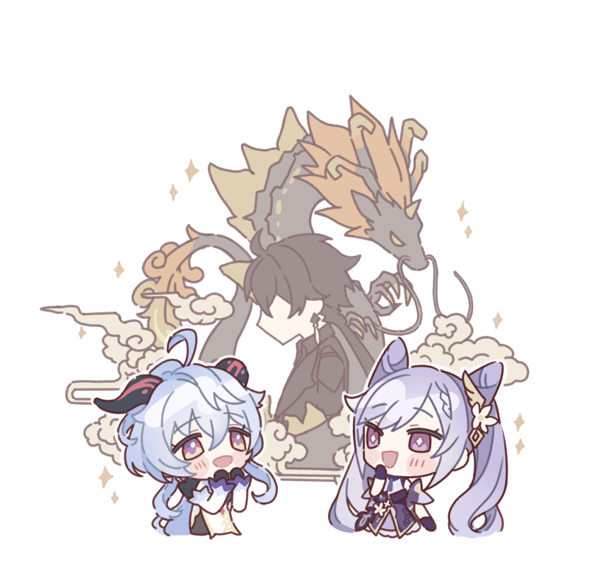 1boy 2girls blue_hair blush bodystocking chibi cloud detached_sleeves double_bun dragon dress earrings faceless ganyu_(genshin_impact) genshin_impact gloves goat_horns hair_bun hair_ornament highres honeymilk0252 horns jewelry keqing_(genshin_impact) long_hair multiple_girls open_mouth purple_eyes purple_hair rex_lapis_(genshin_impact) sidelocks simple_background single_earring sparkle twintails white_background whorled_clouds xiangyun zhongli_(genshin_impact)