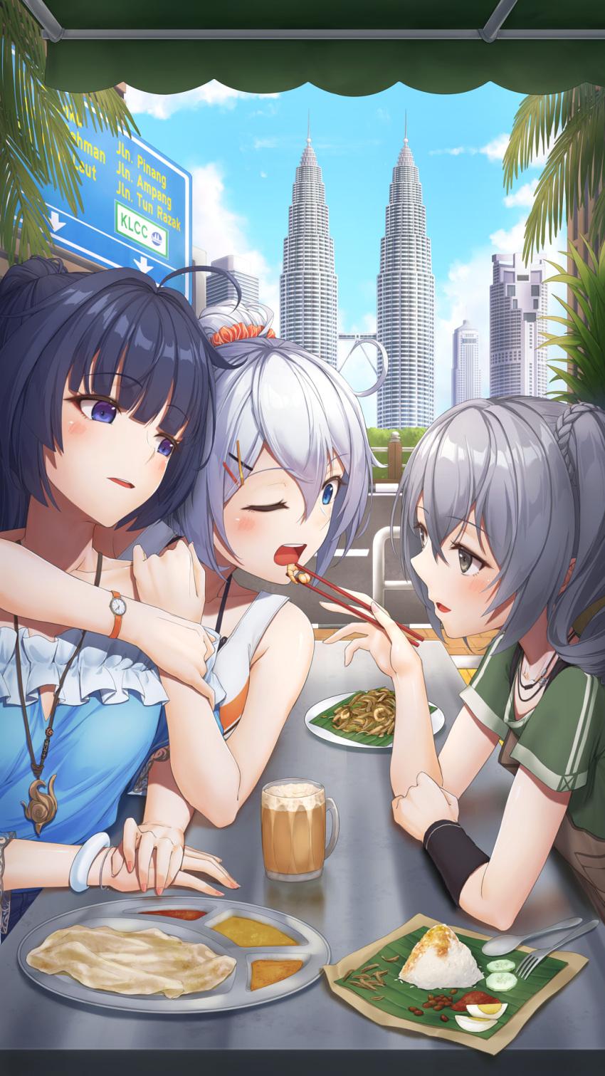 3girls :o alcohol beer beer_mug blue_eyes blue_shirt blue_sky bracelet bronya_zaychik building chopsticks cup drill_hair egg feeding food fork frilled_shirt frills green_shirt grey_eyes grey_hair hair_between_eyes hair_ornament hairclip highres holding holding_chopsticks honkai_(series) honkai_impact_3rd hug hug_from_behind jewelry kiana_kaslana kuala_lumpur malaysia mug multiple_girls necklace one_eye_closed open_mouth palm_leaf petronas_twin_towers plate ponytail purple_eyes purple_hair raiden_mei rice second-party_source shirt short_sleeves sky skyscraper sleeveless sleeveless_shirt spoon table tower watch white_hair white_shirt xfate