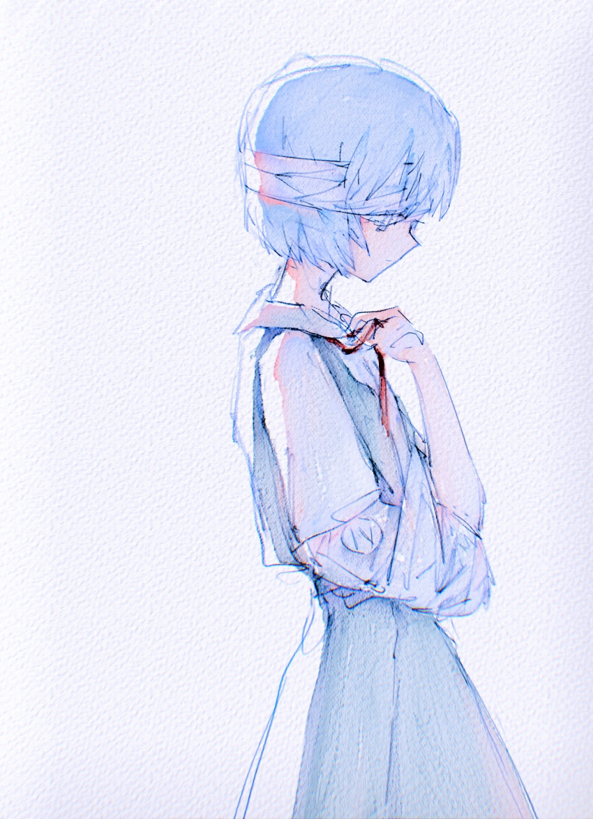 arm_sling ayanami_rei bandage_over_one_eye bandaged_head bandages blue_dress blue_hair closed_mouth commentary dress faux_traditional_media female from_behind hand_up highres iiibanah neck_ribbon neon_genesis_evangelion pinafore_dress profile red_ribbon ribbon school_uniform shirt short_hair short_sleeves sleeveless sleeveless_dress solo tokyo-3_middle_school_uniform upper_body white_shirt