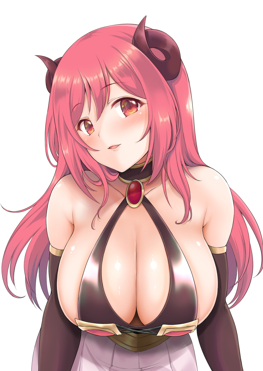 bare_shoulders black_horns blush breasts cleavage collarbone curled_horns demon_girl demon_horns elbow_gloves female gloves highres horns huge_breasts io_(princess_connect!) large_breasts leaning_forward long_hair looking_at_viewer parted_lips princess_connect! red_eyes red_hair sideboob simple_background solo white_background yue_(show-ei)