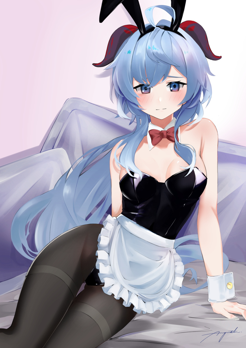 absurdres ahoge alternate_costume animal_ears apron arm_support august. black_leotard black_pantyhose blue_hair blush bow bowtie breasts cleavage commentary_request curled_horns fake_animal_ears female ganyu_(genshin_impact) genshin_impact highres horns leotard leotard_under_clothes long_hair looking_at_viewer medium_breasts pantyhose partial_commentary playboy_bunny purple_eyes rabbit_ears sidelocks solo strapless strapless_leotard very_long_hair waist_apron