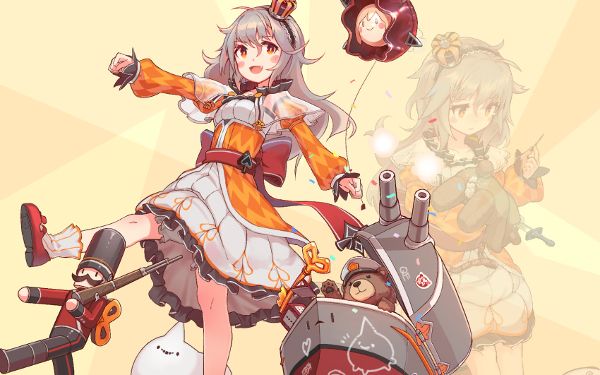 aged_down balloon capelet crown detached_sleeves dress female grey_hair highres long_hair long_sleeves mini_crown orange_dress orange_eyes orange_sleeves queen_elizabeth_(warship_girls_r) see-through see-through_capelet toy_soldier warship_girls_r wave505