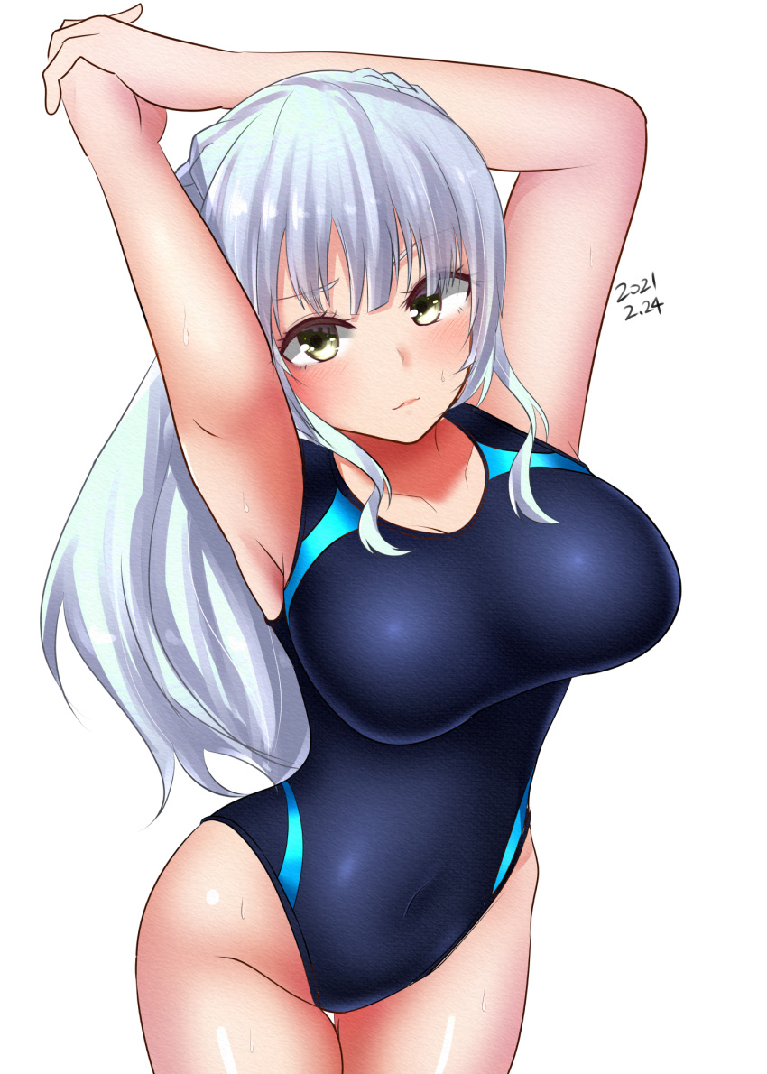 amamiya_kure arm_behind_head arms_up braid breasts commentary_request competition_swimsuit cowboy_shot crown_braid dated female green_eyes grey_hair highres kashiwagi_saki large_breasts long_hair looking_at_viewer one-piece_swimsuit ongeki simple_background solo swimsuit thigh_gap white_background