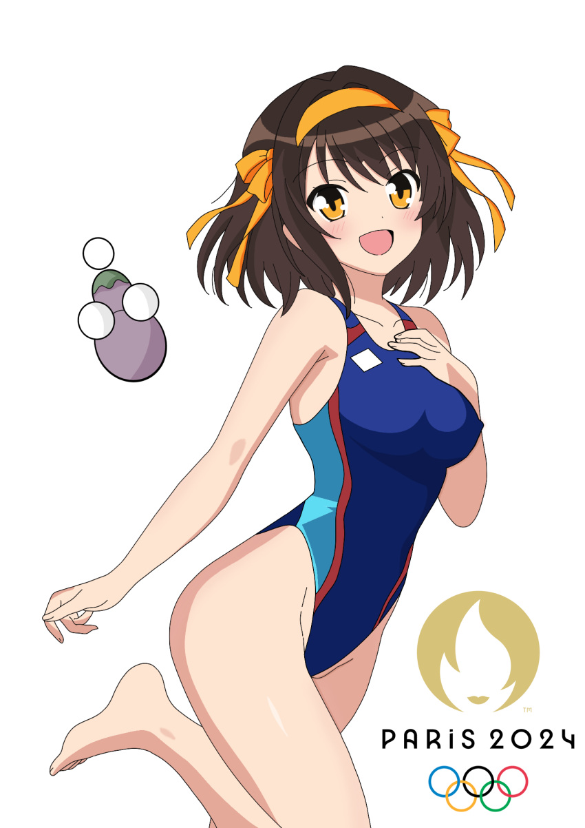 2024_summer_olympics black_hair blue_one-piece_swimsuit competition_swimsuit eggplant english_commentary female hair_ribbon hairband hand_on_own_chest highleg highleg_one-piece_swimsuit highres logo multicolored_clothes multicolored_swimsuit olympics one-piece_swimsuit orange_eyes orange_hairband ribbon short_hair simple_background suzumiya_haruhi suzumiya_haruhi_no_yuuutsu swimsuit white_background yuiyu_ki