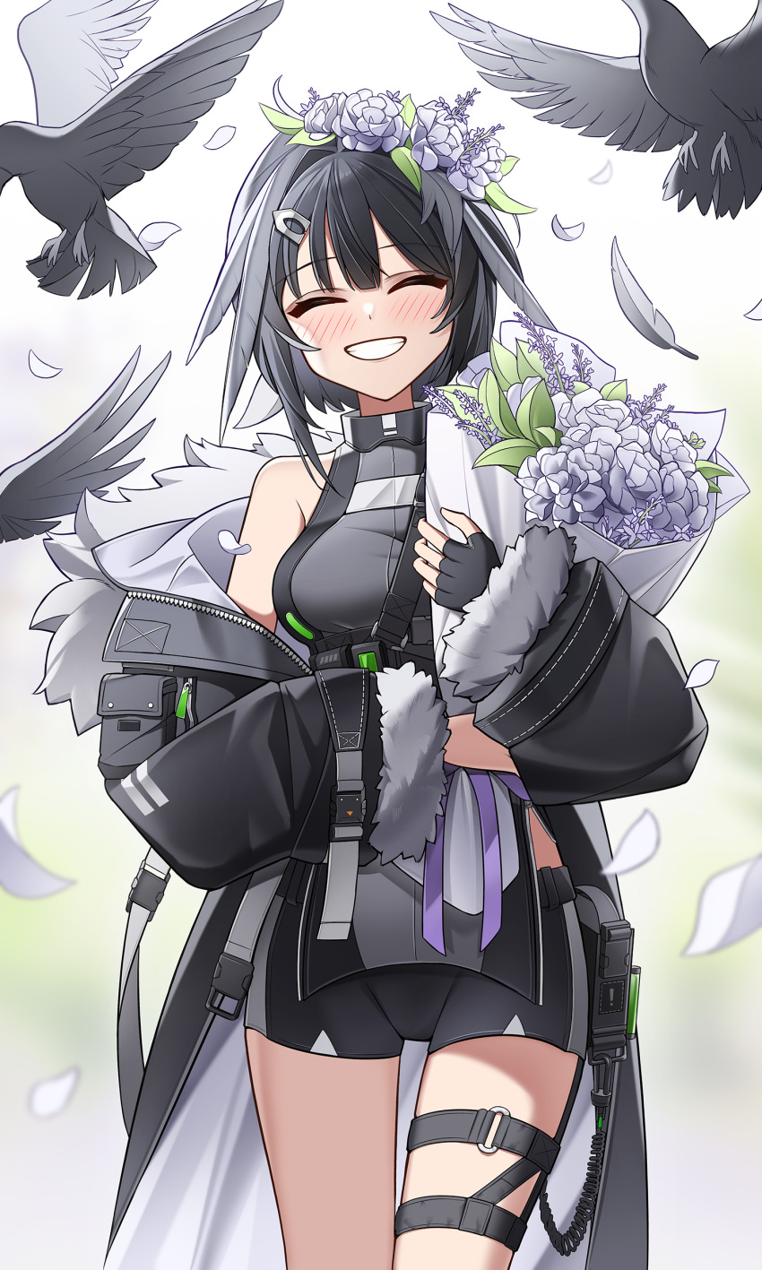 :d ^_^ absurdres animal arknights bare_shoulders bird black_coat black_gloves black_hair black_jacket black_shorts blush bouquet closed_eyes coat commentary cowboy_shot dated_commentary facing_viewer feathers female fingerless_gloves flower fur-trimmed_coat fur-trimmed_sleeves fur_trim gloves grey_bird grey_flower grey_rose grin hair_flower hair_ornament hairclip happy highres jacket la_pluma_(arknights) long_coat long_sleeves off_shoulder pigeon ribbon-trimmed_sleeves ribbon_trim rose short_hair shorts single_glove sleeveless sleeveless_jacket smile solo standing strap thigh_strap unzipped yeong_r6 zipper