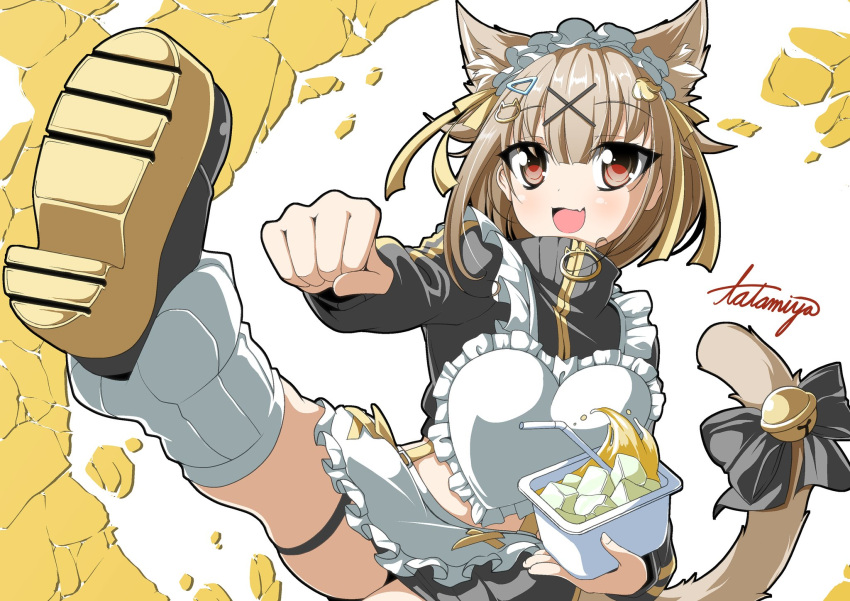 animal_ears apron banana_hair_ornament bell black_bow black_footwear black_jacket black_skirt blunt_bangs blush bow brown_eyes cat_ears cat_girl cat_hair_ornament cat_tail clenched_hand commentary_request cropped_jacket drinking_straw female food-themed_hair_ornament foot_out_of_frame hair_ornament highres holding ice ice_cube jacket jingle_bell kicking konan_mia konan_mia_(3rd_costume) leg_warmers light_brown_hair looking_at_viewer medium_bangs nanashi_inc. open_mouth shoe_soles shoes short_hair signature skirt smile solo tail tail_bell tail_bow tail_ornament tatamiya track_jacket turtleneck virtual_youtuber white_apron white_background white_leg_warmers x_hair_ornament