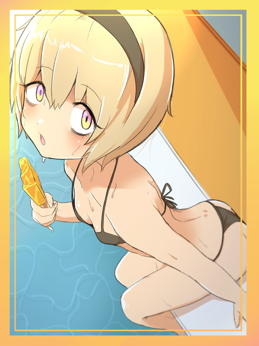 ass bikini black_bikini blonde_hair blush breasts cleavage female food from_above hairband highres jashin-chan_dropkick looking_at_viewer open_mouth pekora_(jashin-chan_dropkick) popsicle short_hair small_breasts solo sweat swimsuit tairanoabokado yellow_eyes