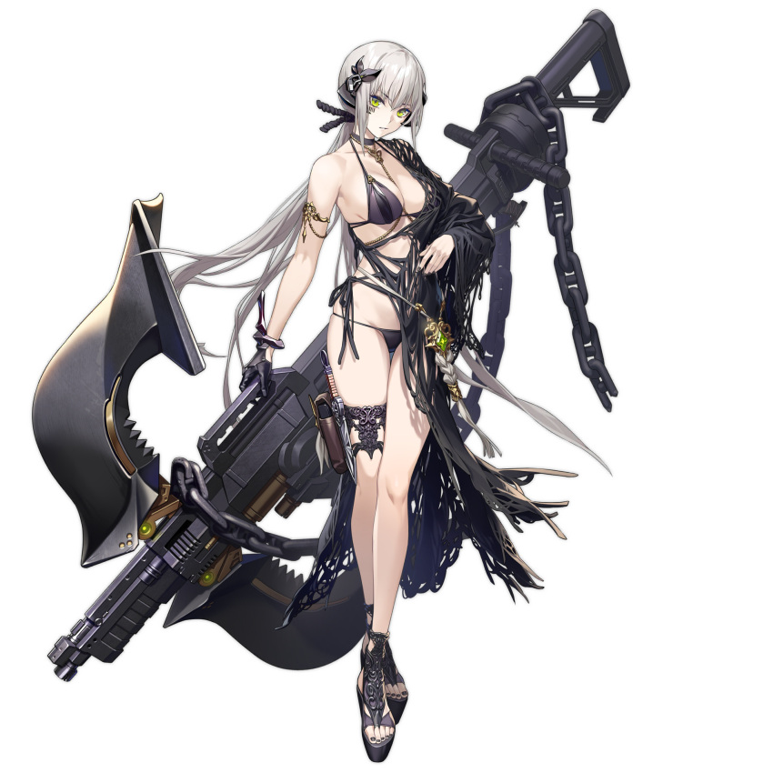 bikini black_bikini breasts choker closed_mouth female gager_(girls'_frontline) girls'_frontline gloves green_eyes grey_hair gun hair_ornament highres holding holding_gun holding_weapon huge_weapon jewelry looking_at_viewer low_ponytail nail_polish necklace platform_footwear sandals sidelocks single_glove solo string_bikini swimsuit third-party_source transparent_background weapon