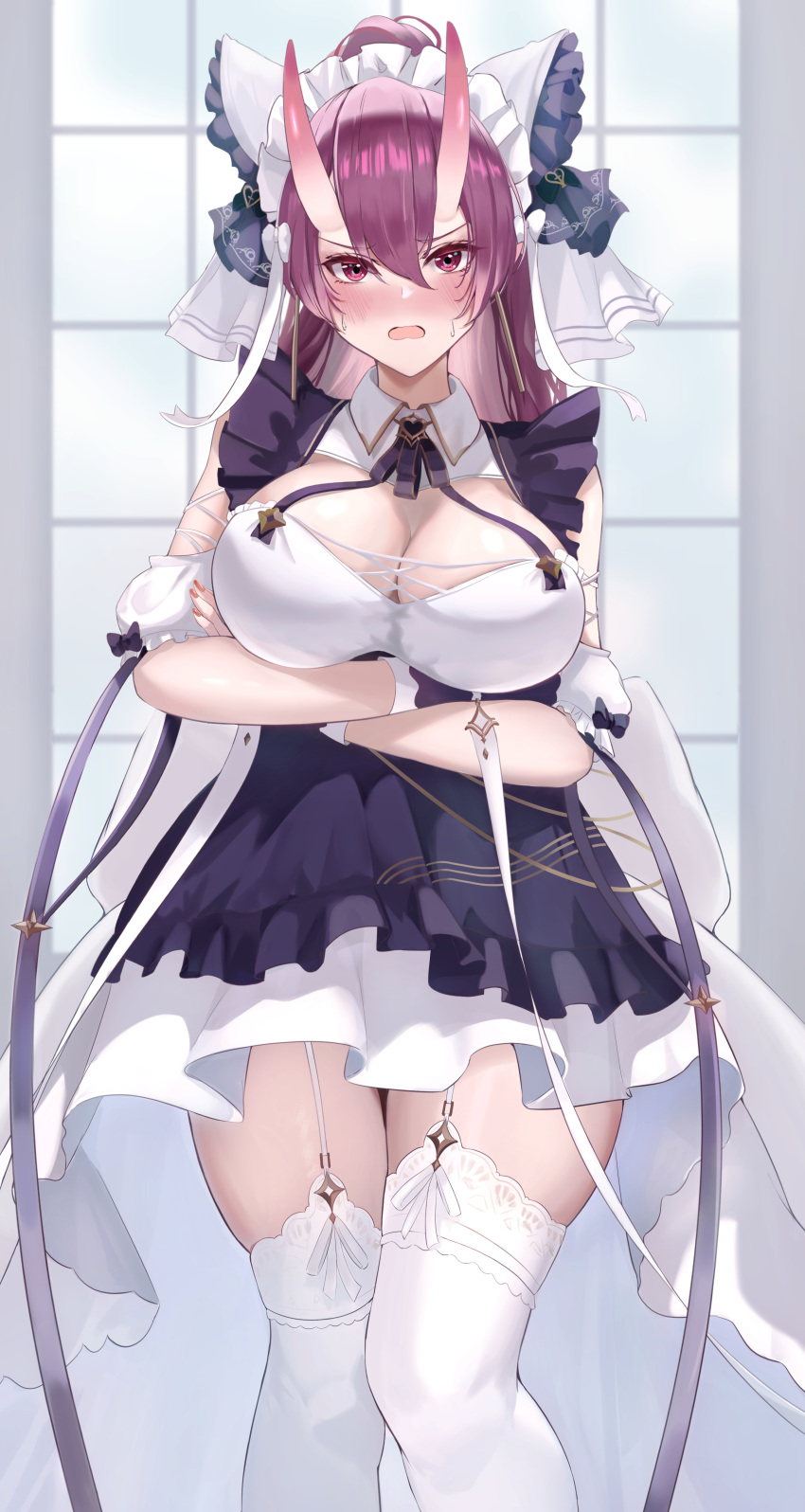 absurdres alternate_costume arm_support arm_under_breasts azur_lane bare_shoulders blue_dress breast_rest breasts cheshire_(azur_lane) cheshire_(azur_lane)_(cosplay) cleavage cleavage_cutout clothing_cutout commentary_request commission cosplay demon_girl demon_horns dress embarrassed enmaided female frilled_dress frills garter_straps gloves hair_between_eyes highres hip_focus horns indoors izumo_(azur_lane) large_breasts long_hair looking_at_viewer maid maid_headdress oni pigu_56100 pink_eyes pixiv_commission purple_eyes purple_hair single_glove solo thighs very_long_hair