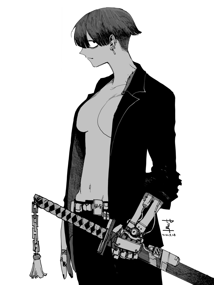 absurdres belt black_hair black_jacket black_pants copyright_request female highres holding holding_sword holding_weapon jacket katana manabu_yashiro mechanical_arms monochrome navel no_bra no_shirt open_clothes open_jacket pants scabbard sheath short_hair solo sword weapon