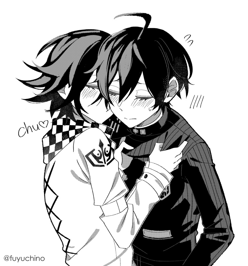 2boys absurdres ahoge arm_belt black_hair blush checkered_clothes checkered_scarf closed_eyes clothes_grab collared_jacket danganronpa_(series) danganronpa_v3:_killing_harmony eyelashes flipped_hair fuyuchino greyscale hair_between_eyes hashtag-only_commentary heart highres jacket kissing kissing_cheek long_sleeves male_focus monochrome multiple_boys oma_kokichi pinstripe_jacket pinstripe_pattern saihara_shuichi scarf short_hair simple_background straitjacket striped_clothes striped_jacket sweatdrop twitter_username two-tone_scarf white_background yaoi