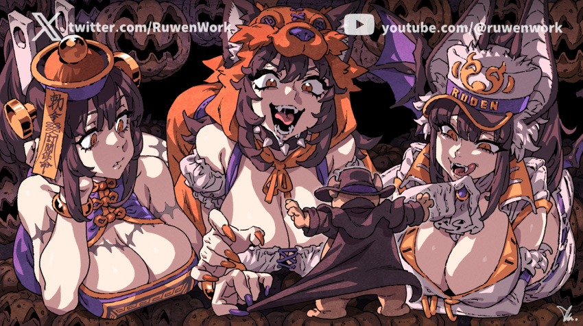 1other 3girls breasts brown_hair commentary creature halloween ireading lanmei large_breasts logo lying multiple_girls on_stomach orange_eyes original standing twitter_username twitter_x_logo youtube_logo youtube_username