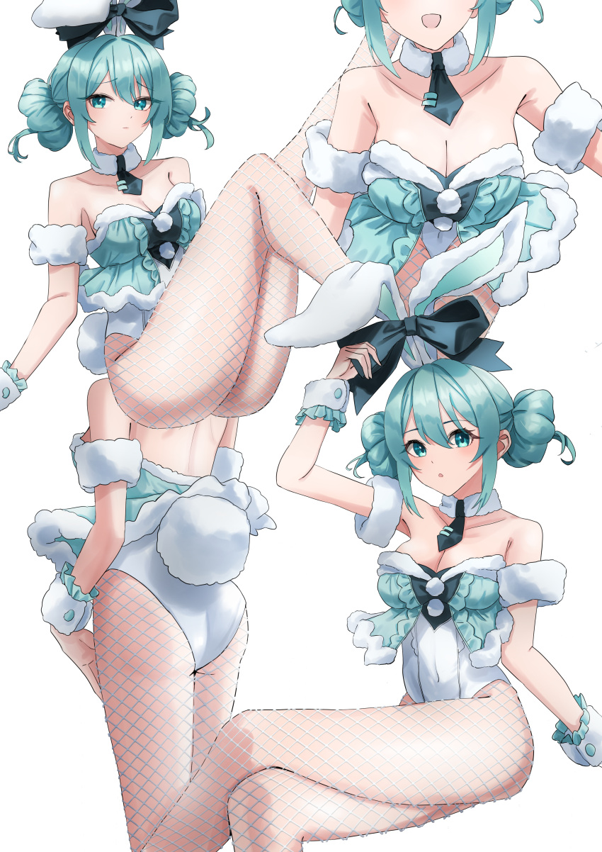 absurdres amaama_(beccyonaika1) animal_ears aqua_eyes aqua_hair bare_shoulders bicute_bunnies_miku breasts cleavage collarbone fake_animal_ears fake_tail female fishnet_pantyhose fishnets hatsune_miku highres invisible_chair large_breasts leotard long_hair multiple_views pantyhose playboy_bunny rabbit_ears rabbit_tail sitting smile tail vocaloid white_leotard