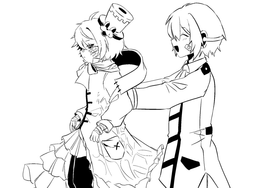 2boys arsloid bad_id bad_twitter_id bandaged_arm bandages bandaid bandaid_on_face bandaid_on_nose black_sclera closed_eyes coat colored_sclera from_side fukase greyscale hat headphones highres holding_person line_art male_focus monochrome multiple_boys nu_nu_s2 open_mouth picking_up scar scar_on_face smile vocaloid white_background