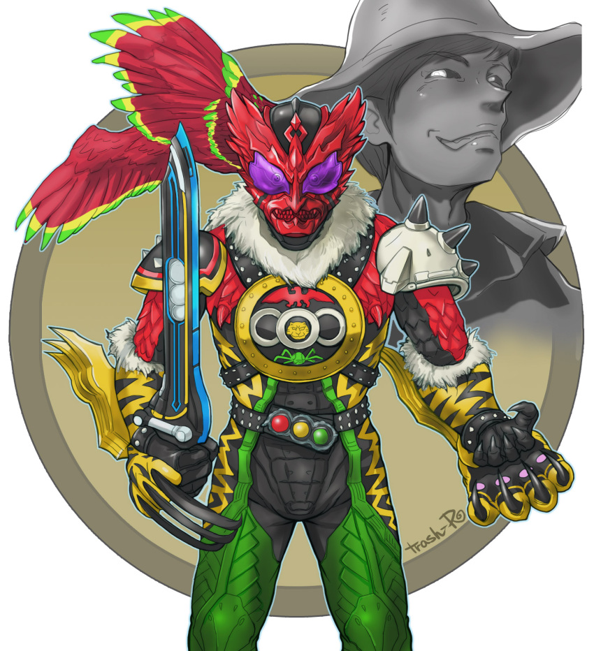 1boy alternate_universe animal_hands animal_print another_ooo_(zi-o) another_rider_(zi-o) belt bird bird_wings bug claws commentary_request creature dan_kuroto evil_eyes evil_grin evil_smile feathered_wings feathers fighting_stance fur_trim grasshopper green_eyes grin hawk head_wings helmet highres holding holding_weapon huujyu jungle kamen_rider kamen_rider_zi-o_(series) male_focus monster nature purple_eyes smile solo studded_belt sword teeth tiger tiger_print weapon wings