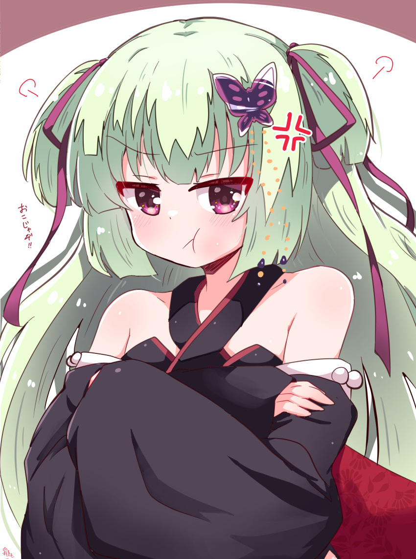 :t absurdres anger_vein angry bare_shoulders black_dress black_sleeves blunt_bangs blush breasts butterfly_hair_ornament commentary_request crossed_arms detached_sleeves dress female green_hair hair_ornament hair_ribbon hakutocake highres hime_cut long_hair looking_at_viewer murasame_(senren) pout purple_ribbon red_eyes ribbon senren_banka sidelocks simple_background small_breasts solo translated two_side_up upper_body v-shaped_eyebrows very_long_hair white_background wide_sleeves