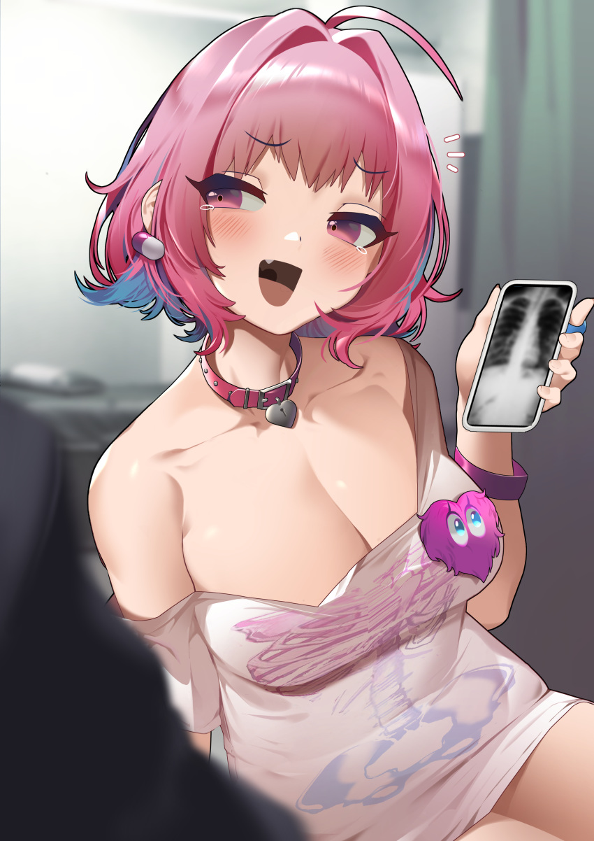 absurdres ahoge belt_collar blue_hair blush breasts bsue cellphone cleavage collar collarbone commentary_request earrings female hair_intakes heart heart-shaped_lock heart_collar heart_on_chest highres holding holding_phone idolmaster idolmaster_cinderella_girls indoors jewelry large_breasts multicolored_hair oerba_yun_fang off-shoulder_shirt off_shoulder open_mouth phone pill pill_earrings pink_collar pink_eyes pink_hair pink_wristband shirt short_hair short_sleeves sitting skeleton_print smartphone solo_focus t-shirt tears two-tone_hair x-ray_film yumemi_riamu