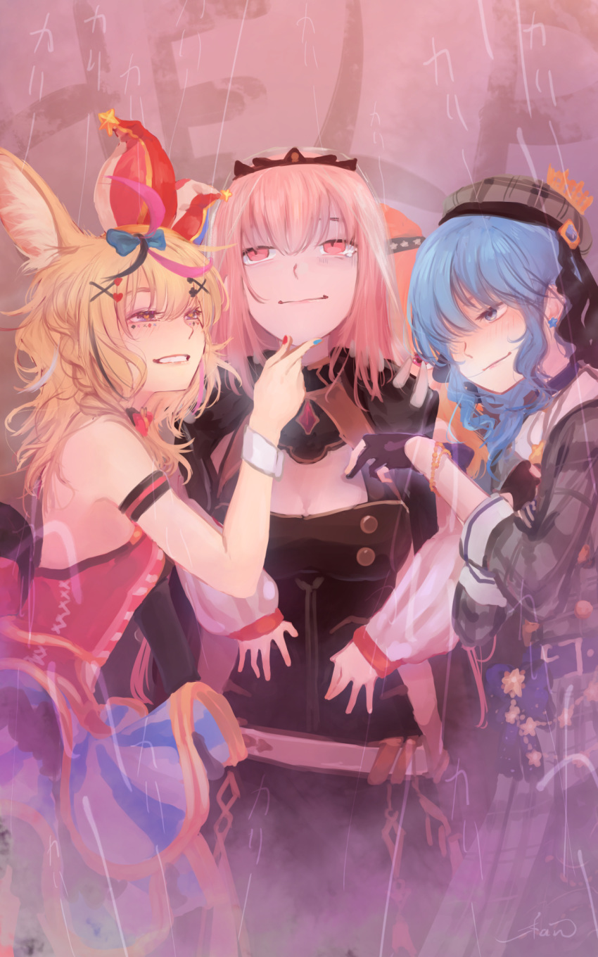 4girls animal_ears armlet belt black_coat black_gloves blonde_hair blue_eyes blue_hair blush bracelet breasts brooch cleavage coat commentary crazy_eyes cyasha earrings english_text finger_drag flat_chest fox_ears gloves grabbing grabbing_from_behind grin half-closed_eyes hand_on_another's_chest hand_on_another's_chin highres hololive hololive_english hoshimachi_suisei hoshimachi_suisei_(1st_costume) jewelry large_breasts lips long_hair looking_at_another looking_up messy_hair mori_calliope mori_calliope_(1st_costume) multicolored_nails multiple_girls nail_polish omaru_polka omaru_polka_(1st_costume) orange_hair partially_fingerless_gloves pink_background pink_hair plaid plaid_skirt possessive red_eyes ringlets shaded_face showgirl_skirt side_ponytail sidelocks signature skirt small_breasts smile stud_earrings takanashi_kiara tearing_up tiara translated veil virtual_youtuber wavy_hair white_background yandere yuri