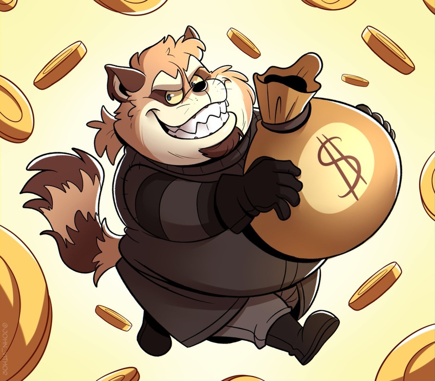 2022 anthro belly big_belly brown_body clothed clothing coin humanoid_hands john_vithor male mammal money money_bag overweight overweight_male procyonid raccoon solo