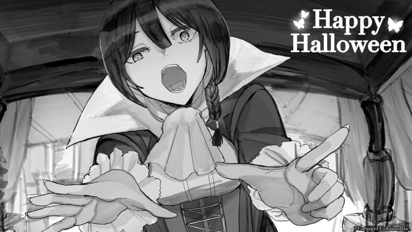 alter_ego_(game) braid braided_ponytail costume es_(alter_ego) female fingernails greyscale hair_between_eyes hair_over_shoulder halloween halloween_costume itou_(golem_inc) long_bangs long_fingernails long_hair monochrome official_art open_mouth single_braid sleeve_cuffs solo vampire_costume