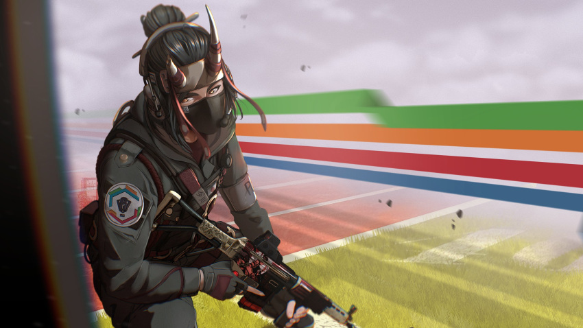 2022 assault_rifle black_hair brown_hair english_commentary female fingerless_gloves gloves grey_gloves grey_jumpsuit gun hair_bun hibana_(rainbow_six_siege) highres holding holding_gun holding_weapon hooded_jumpsuit horns howa_type_89 ifragmentix jumpsuit leaning_to_the_side looking_to_the_side mask mouth_mask parted_bangs rainbow_six_siege rifle running_track single_hair_bun solo trigger_discipline weapon