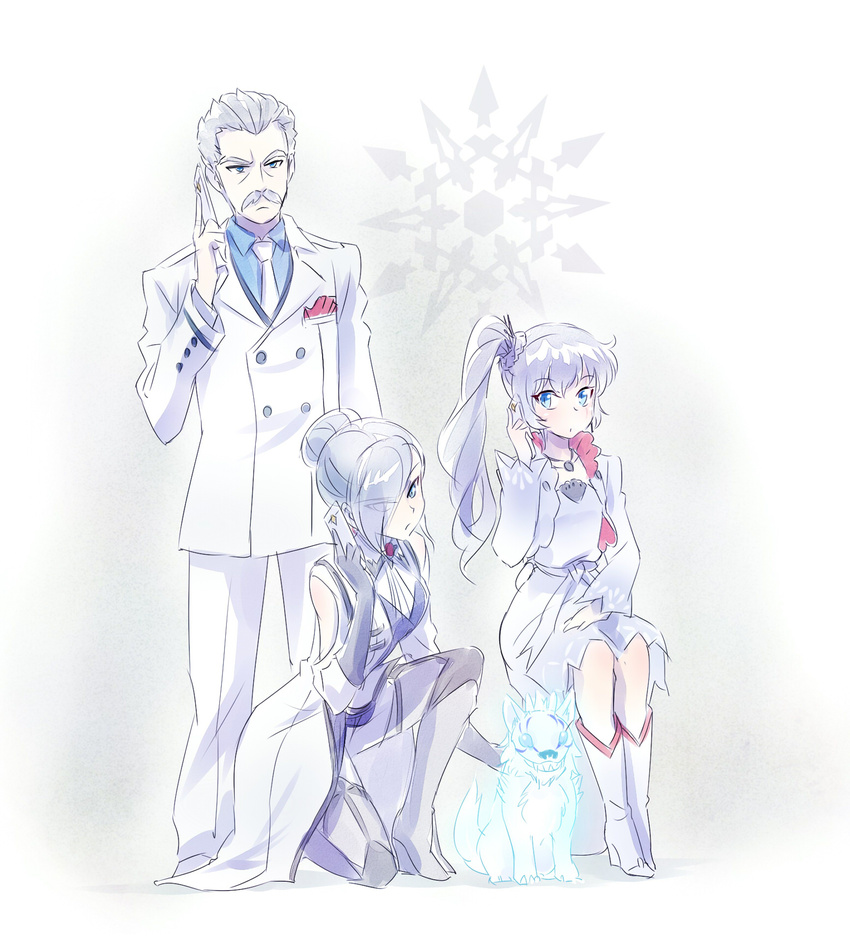 1boy 2girls beowolf blue_eyes cellphone commentary eyes_visible_through_hair facial_hair family father_and_daughter formal frown grey_hair grimm_(rwby) highres iesupa jacques_schnee kneeling light_persona moustache multiple_girls necktie phone rwby siblings side_ponytail sisters sitting skirt smartphone snowflakes suit weiss_schnee white_hair winter_schnee