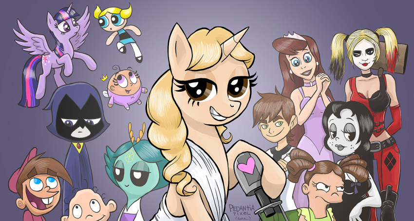 alicorn batman_(series) ben_10 ben_tennyson blonde_hair blue_eyes brown_eyes brown_hair bubbles_(powerpuff_girls) cartoon_network clothing comedy_central crossover crown cutie_mark dana_simpson dc_comics dil_pickles drawn_together equid equine feathered_wings feathers female feral friendship_is_magic futurama group hair harley_quinn hasbro headgear horn horse human male mammal multicolored_hair my_little_pony mythological_creature mythological_equine mythology nickelodeon pony poof_(fop) powerpuff_girls princess princess_clara purple_eyes raven_(dc) royalty rugrats smile tanya_(disambiguation) tara_strong teen_titans the_fairly_oddparents timmy_turner toot_braunstein twilight_sparkle_(mlp) unicorn voice_actor_joke wings young