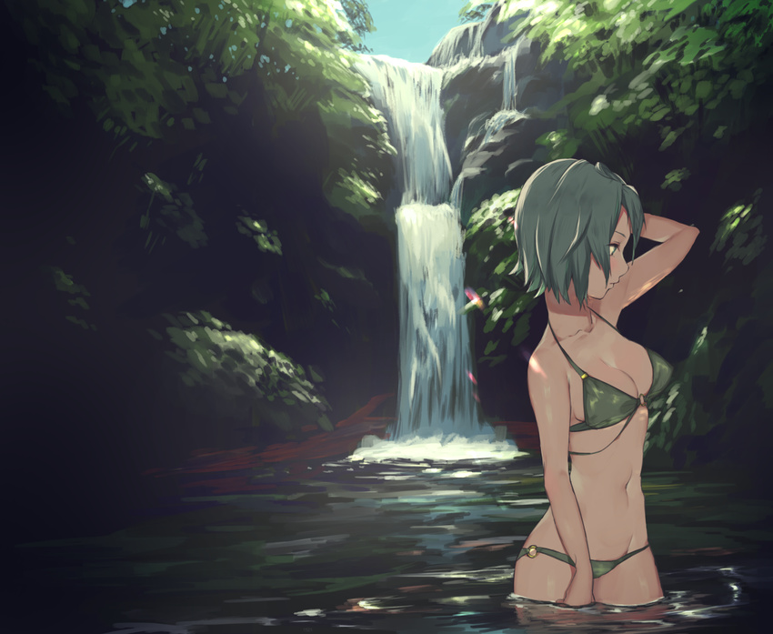 bikini breasts female green_bikini green_eyes green_hair looking_to_the_side medium_breasts partially_submerged school_girl_strikers short_hair solo swimsuit uni_(melm) water waterfall yukishiro_mari