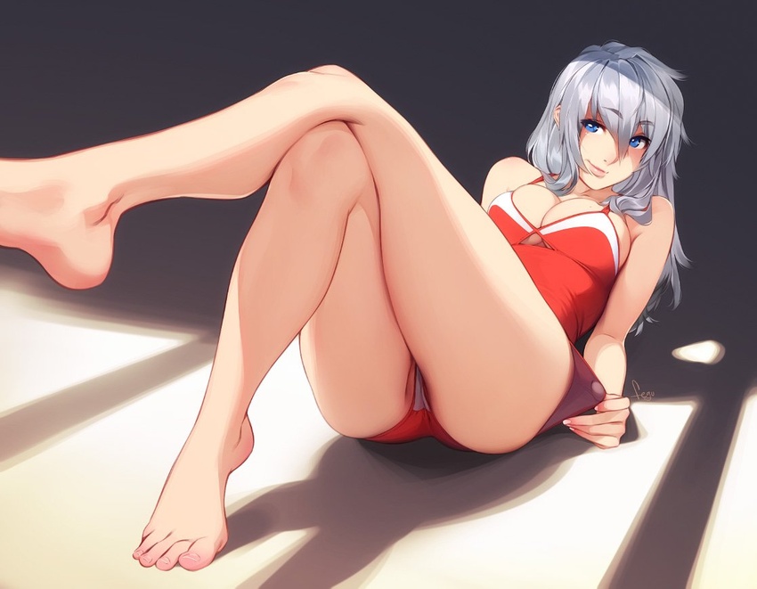 ass bare_legs barefoot blue_eyes breasts cleavage commentary crossed_legs english_commentary feet feguimel female grey_hair karina_(feguimel) legs long_hair lying on_back one-piece_swimsuit original red_one-piece_swimsuit smile solo swimsuit thick_eyebrows