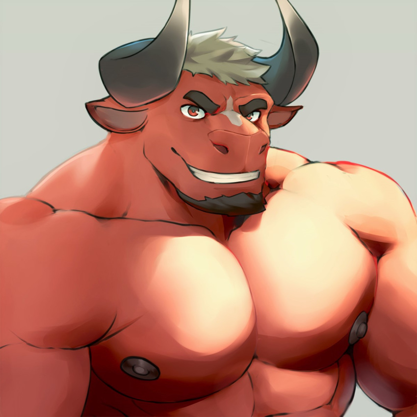 1:1 2018 abs anthro biceps bovid bovine bozi cattle darius_(kemo_coliseum) dudedle facial_hair fur hair hi_res horn kemo_coliseum male mammal muscular muscular_anthro muscular_male nipples pecs red_body red_eyes red_fur smile solo