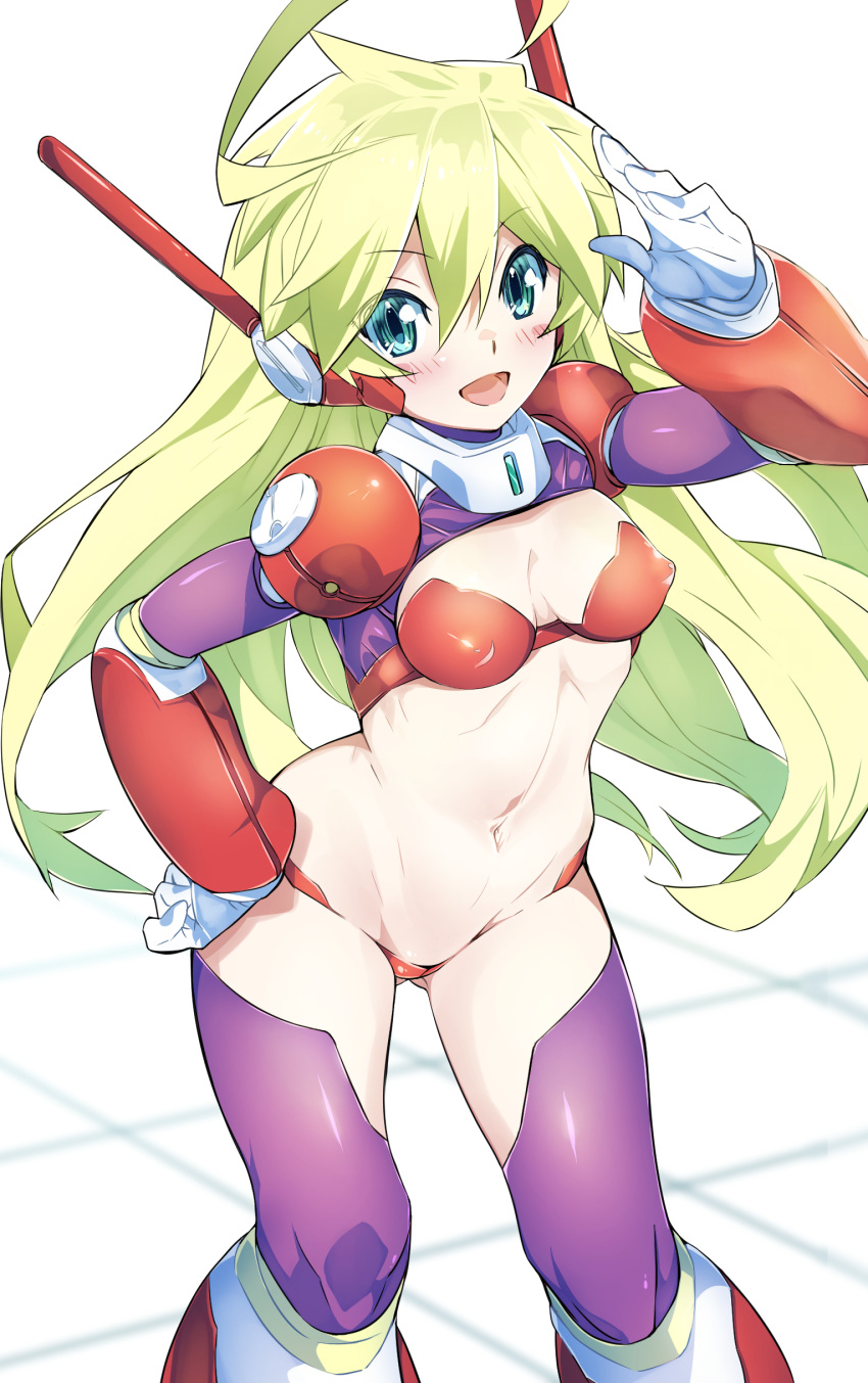 :d absurdres android bikini blonde_hair blue_eyes blush boots breasts choukadou_girl_1/6 commentary_request covered_nipples female gloves hair_between_eyes headgear highres long_hair mecha_musume navel niko_(tama) nona_(choukadou_girl_1/6) open_mouth red_bikini robot smile solo swimsuit