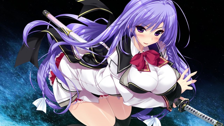 arm_under_breasts black_background blush bow bowtie breasts female game_cg hairbow holding holding_sword holding_weapon katana kokorone=pendulum! large_breasts long_hair looking_at_viewer purple_eyes purple_hair red_skirt shiny_skin skirt solo stance sword tatewaki_chihaya thighhighs weapon