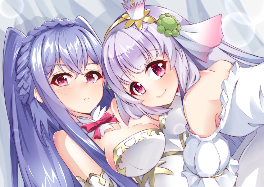 2girls blue_hair bow bowtie braid breasts cardamine_lyrata_(flower_knight_girl) closed_mouth commentary_request crown crown_braid detached_collar ennishi expressionless flower_knight_girl grey_hair hair_intakes highres large_breasts light_particles long_hair looking_at_viewer mini_crown multiple_girls nemunoki_(flower_knight_girl) pink_bow pink_eyes puffy_sleeves smile upper_body