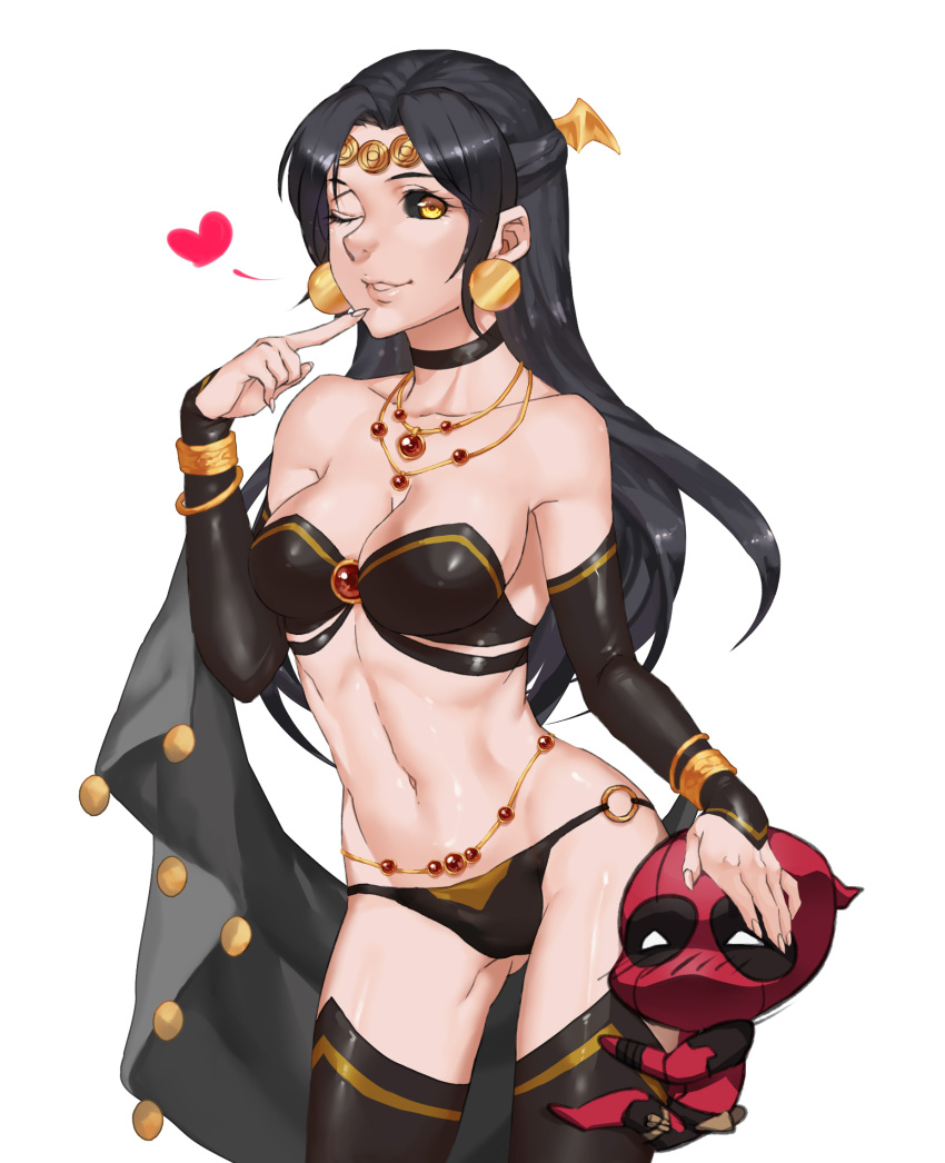 aesice animification black_hair black_sclera blush boots bracelet breasts chibi cleavage collarbone colored_sclera commentary deadpool deadpool_(series) demon_girl detached_sleeves female head_wings heart highres jewelry large_breasts long_hair looking_at_viewer marvel navel necklace one_eye_closed shiklah simple_background smile spoken_heart thigh_boots thighhighs white_background wings yellow_eyes