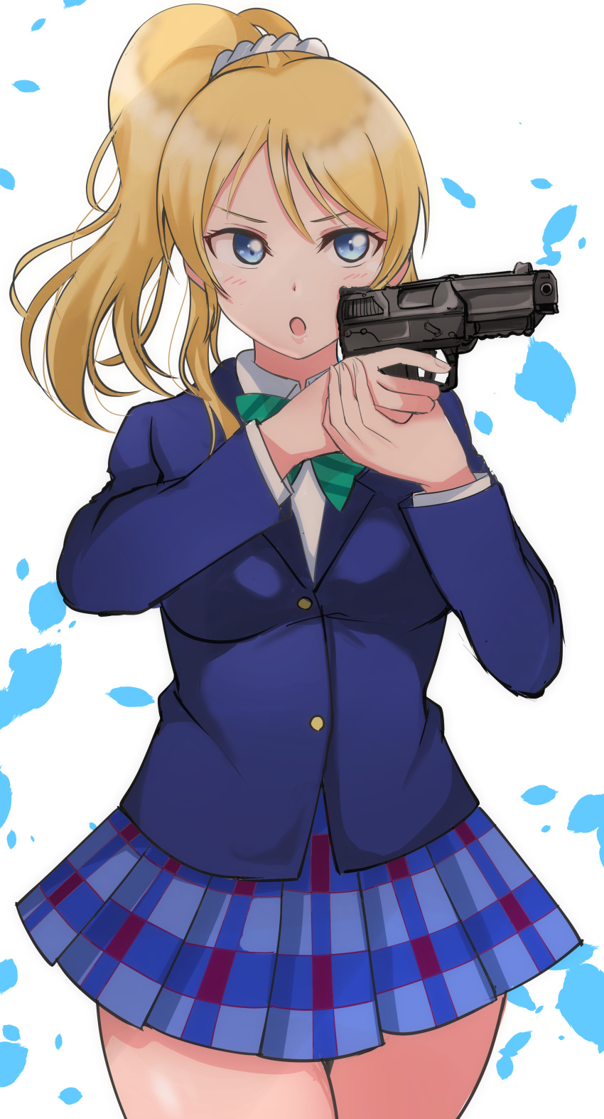 absurdres ayase_eli blazer blonde_hair blue_eyes bow bowtie check_commentary commentary_request cowboy_shot female fn_five-seven gun handgun highres holding holding_weapon jacket love_live! love_live!_school_idol_project miniskirt pleated_skirt ponytail school_uniform simple_background skirt solo thighs trigger_discipline weapon wewe white_background