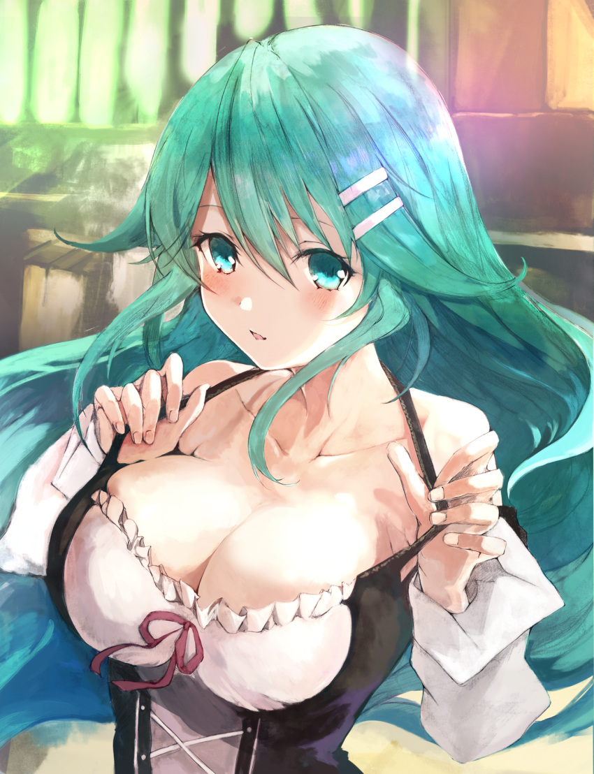 agulo aqua_eyes aqua_hair bare_shoulders blush_stickers breasts cleavage collarbone dirndl female frills german_clothes hair_ornament hairclip highres large_breasts long_hair looking_at_viewer pulptenks_flanders rance_(series) rance_01 ribbon solo