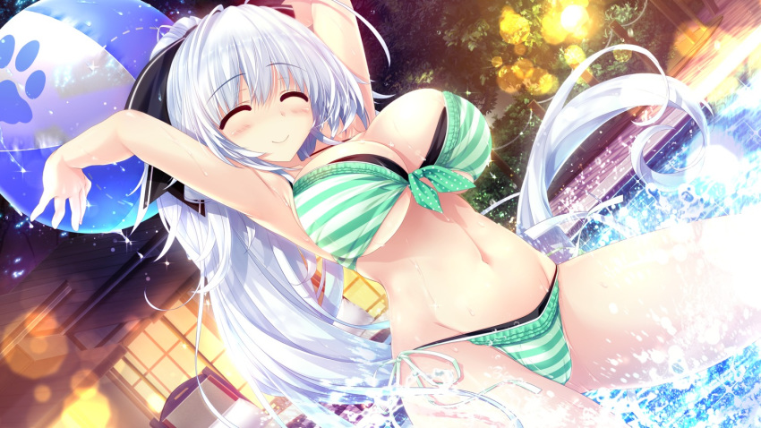 armpits ayamori_leeruxu ball beachball bikini blush breasts carrying_overhead closed_eyes dutch_angle eyebrows_visible_through_hair female fence game_cg groin hair_ribbon image_sample kokorone=pendulum! large_breasts long_hair navel oshiki_hitoshi paw_print ponytail pool ribbon silver_hair smile splashing striped striped_bikini swimsuit tree water wet yandere_sample